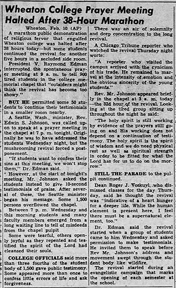 Wheaton College Revival Newspaper report 1950